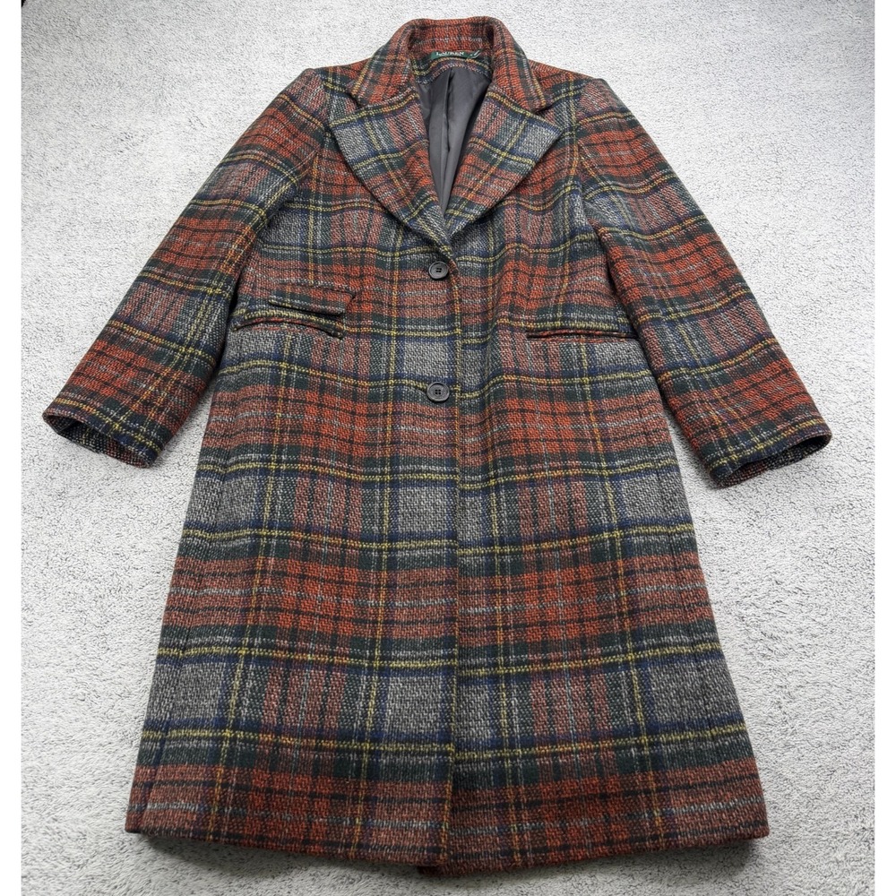 Lauren Ralph Lauren Reefer Coat Womens 16 Blanket Plaid Wool Blend Overcoat 70s